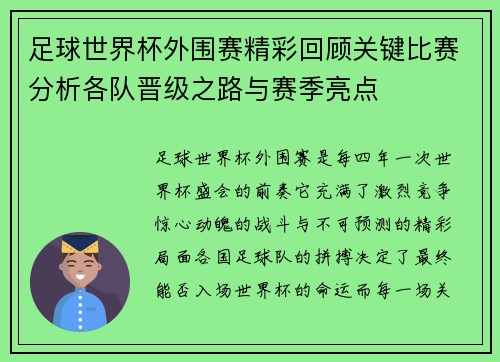 足球世界杯外围赛精彩回顾关键比赛分析各队晋级之路与赛季亮点