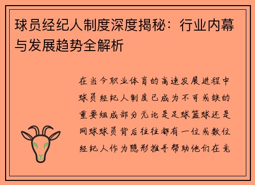 球员经纪人制度深度揭秘：行业内幕与发展趋势全解析